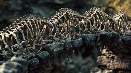 Poster - Skeletal remains on a rocky outcropping, perfect for prehistoric or ancient scene illustrations