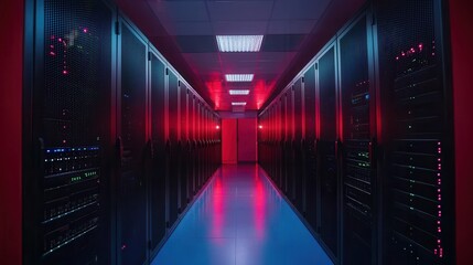 Poster - A dimly lit server room corridor lined with dark racks and red lighting, creating a high-tech atmosphere.