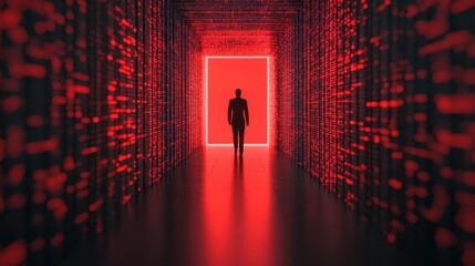 Poster - A solitary figure stands in a dimly lit corridor, surrounded by glowing red digital elements, leading to a bright, enigmatic doorway.