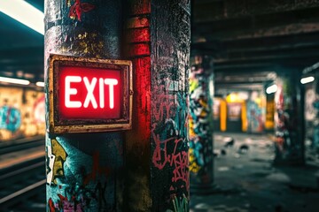 Poster - A bright red exit sign sits on the side of a train track, ready to guide passengers safely off the tracks