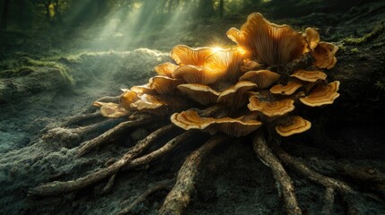 Poster - A cluster of mushrooms grows on a decaying tree stump in a forest