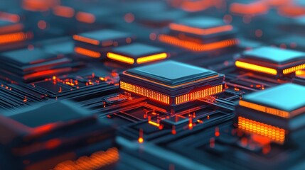 Poster - A close-up view of intricate microchips on a circuit board, illuminated with vibrant orange lights, showcasing advanced technology and design.