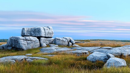Wall Mural - A serene landscape featuring large rock formations amidst grassy fields under a soft blue sky, creating a tranquil natural setting.
