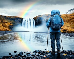 Wall Mural - A hiker stands by a serene waterfall, framed by a vibrant rainbow, amidst a picturesque landscape of mountains and mist.