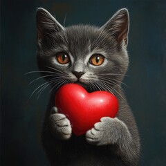 Poster - A cat holds a red heart in its paws, a symbol of love and affection