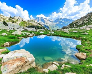 Wall Mural - a serene mountain landscape featuring a clear reflection in a tranquil pond surrounded by lush green