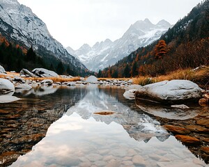 Wall Mural - a serene mountain landscape featuring a clear river reflecting towering snow-capped peaks and lush g