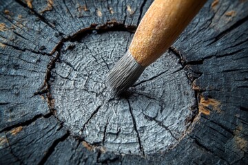 Aufkleber - Brush applying paint on dark weathered wood surface during an artistic creation process in a workshop setting