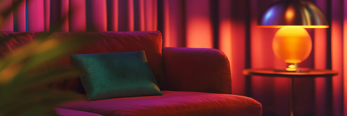 Poster - Cozy interior with deep burgundy sofa and glossy lamp for modern living room design