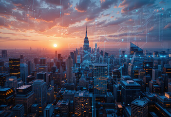 Poster - city, skyline, sunset, building, capacity, urban, architecture, sky, skyscraper, business, night, buildings, landscape, silhouette, downtown, sun, town, sunrise, view, vector, Manhattan, travel, desig