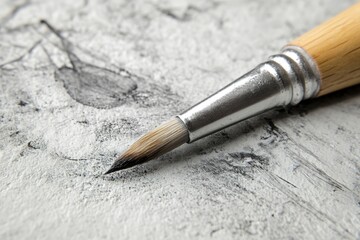 Poster - Close-up detail of a fine brush resting on textured gray canvas during an artistic project in a creative workspace