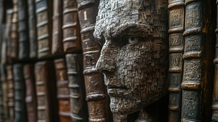 Poster - A close-up shot of a statue's face on a bookshelf