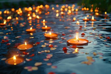 Poster - A serene scene with many lit candles floating on the surface of calm water