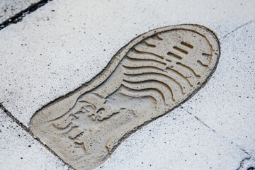 Poster - A close-up of a shoe print on a concrete sidewalk, ideal for crime scene or forensic investigation use