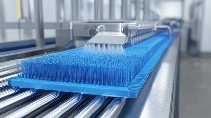 Poster - Factory conveyor belt cleaning system with stainless steel scrapers and rotary brushes for deep cleaning.