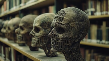 Poster - Row of skulls displayed on a wooden shelf, often used in dark and horror themed projects
