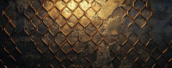 Poster - Textured hexagonal mesh on uneven wall with industrial and artistic design elements