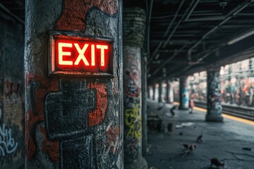Poster - A red exit sign sits on the side of a train track, often used in travel or infrastructure images