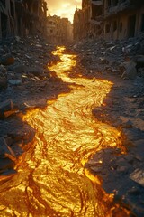 Poster - River flowing through a city devastated by destruction and debris