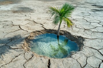 Aufkleber - A small palm tree is growing out of a crack in the ground, with sunlit earth surrounding it