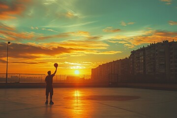 Silhouette of a basketball player during sunset on an outdoor court with vibrant clouds