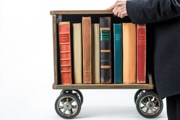 Aufkleber - A person carrying a cart filled with books, ideal for educational or literary-themed projects
