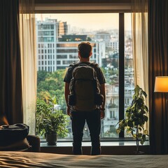Poster - A person looks out at the city skyline from a window