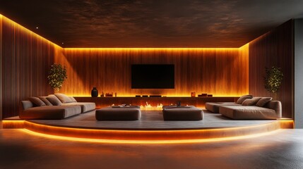 Poster - A modern living room featuring sleek furniture, ambient lighting, and a minimalist design, creating a cozy and stylish atmosphere.