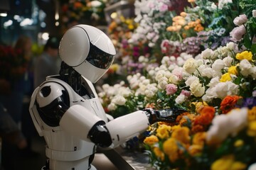 Poster - A robot standing in front of a bouquet of colorful flowers