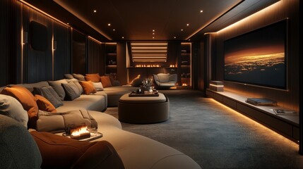 Poster - A modern, stylish living room featuring comfortable seating, ambient lighting, and a large screen, perfect for relaxation and entertainment.