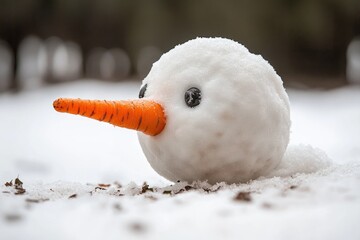 Poster - A whimsical winter scene featuring a snowman with a bright orange carrot sticking out of its nose