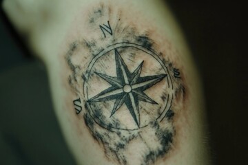 Poster - A close-up view of a tattoo of a compass on a man's arm, symbolizing direction and guidance