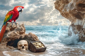Poster - A colorful parrot perches on top of a rock beside a skull, a unique and intriguing scene