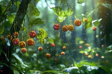 Poster - Fresh fruit hanging from tree branch, suitable for food or decoration