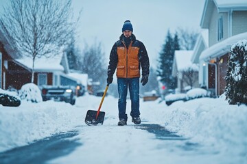 Poster - Snow shoveling in a suburban neighborhood during winter evening with falling snow