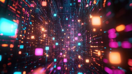 Poster - A high-tech abstract background with floating geometric shapes and gradient lighting, creating a futuristic feel with space for graphical overlays.