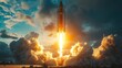 © Wilasinee - Powerful rocket ascending into the sky leaving a glowing trail of success that symbolizes visionary business strategies and the pursuit of ambitious goals