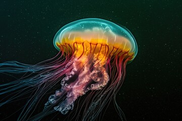 Poster - Jellyfish swimming in deep water with a dark blue or black background