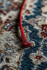 Poster - A close-up view of a red thread lying on a rug, possibly representing a thread from a larger fabric or textile