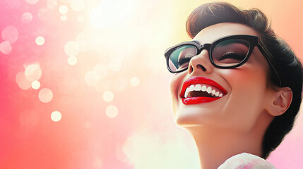 Wall Mural - Cheerful woman wearing sunglasses with vibrant red lipstick smiling outdoors in natural light