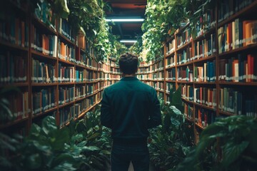 Poster - Exploring a lush library filled with plants and colorful books in an urban setting at twilight