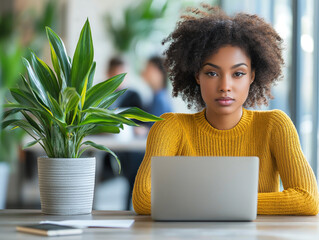 Poster - young woman works on laptop . Generative AI
