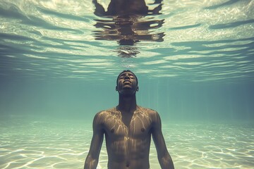 Aufkleber - Young man submerged underwater with shimmering light reflecting on his skin in a tranquil pool setting