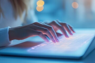 Aufkleber - Woman typing on a glowing keyboard in a cozy indoor environment at night