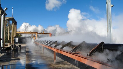 Poster - High-pressure conveyor belt washing system with a rotating roller brush and adjustable spray settings.
