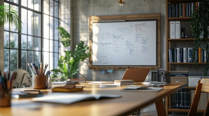 Poster - a modern workspace featuring a large table, a whiteboard filled with notes, bookshelves, and plants,