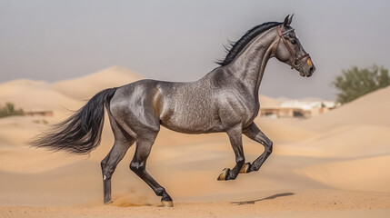 Naklejka na meble Majestic horse galloping in motion on dusty ground with powerful muscles, long flowing mane, and elegant posture, captured in dynamic action with dust rising against a neutral background.

