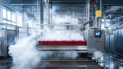 Poster - High-speed commercial tray washing system with conveyor belt operation and steam drying.