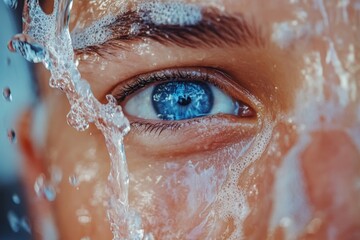 Aufkleber - Water splashes around a person's eye, capturing a close-up moment of fascination and beauty in a refreshing environment