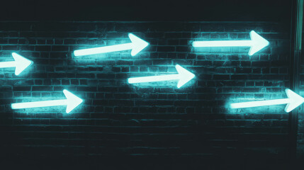 Poster - Neon arrows on exposed brick wall creating a futuristic urban aesthetic for design and decor